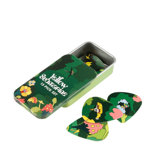 D'addario 1CWH4-11B2 The Beatles YELLOW SUBMARINE 55TH ANNIVERSARY Gitár Pengető Pepperland Woods 15-darab fémdoboz Zöld D'addario 1CWH4-11B2 The Beatles YELLOW SUBMARINE 55TH ANNIVERSARY Gitár Pengető Pepperland Woods 15-darab fémdoboz Zöld