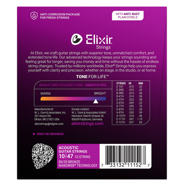 Elixir 12-húros 80/20 Bronz Akusztikus Gitárhúr (Nanoweb bevonat)