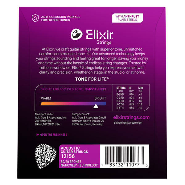 Elixir 80/20 Bronz Akusztikus Gitárhúr 12-56 (Nanoweb bevonat)