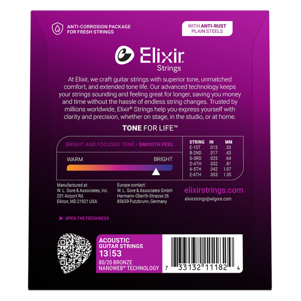 Elixir 80/20 Bronz Akusztikus Gitárhúr 13-53 (Nanoweb bevonat)