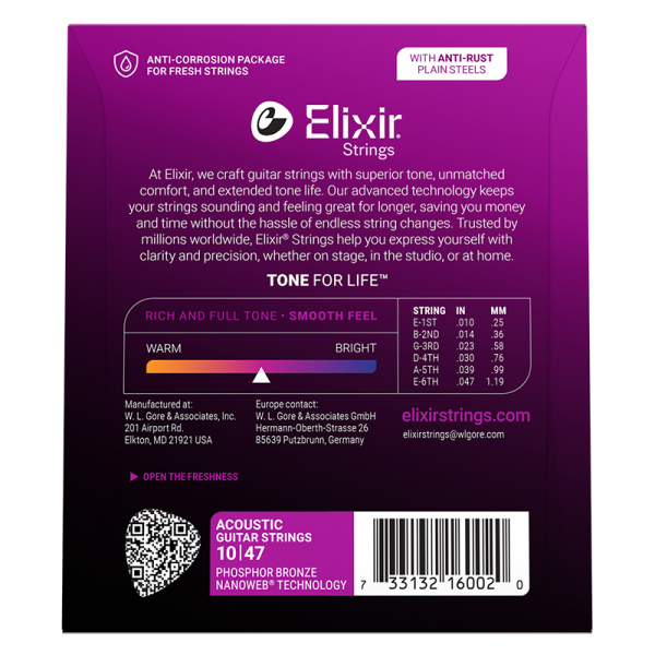 Elixir Foszfor Bronz Akusztikus Gitárhúr 10-47 (Nanoweb bevonat)