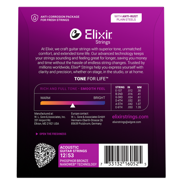 Elixir Foszfor Bronz Akusztikus Gitárhúr 12-53 (Nanoweb bevonat)