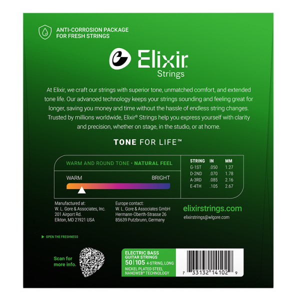 Elixir 4-húros Nikkel Basszusgitárhúr 50-105 (Nanoweb bevonat) Elixir 4-húros Nikkel Basszusgitárhúr 50-105 (Nanoweb bevonat)