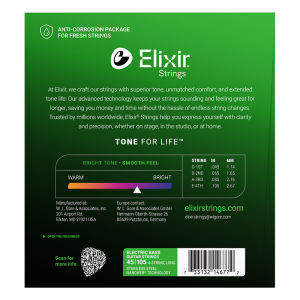 Elixir 4-húros Rozsdamentes Acél Basszusgitárhúr 45-105 (Nanoweb bevonat)