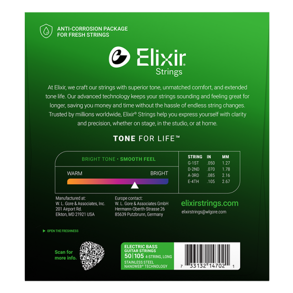Elixir 4-húros Rozsdamentes Acél Basszusgitárhúr 50-105 (Nanoweb bevonat) Elixir 4-húros Rozsdamentes Acél Basszusgitárhúr 50-105 (Nanoweb bevonat)